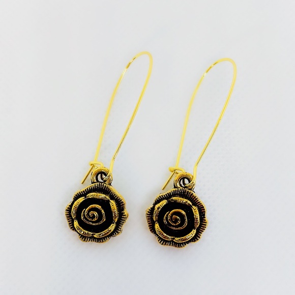 Artisan Handcrafted Antiqued Brass Long Kidney Wire Detailed Rose Earrings! - Picture 7 of 7
